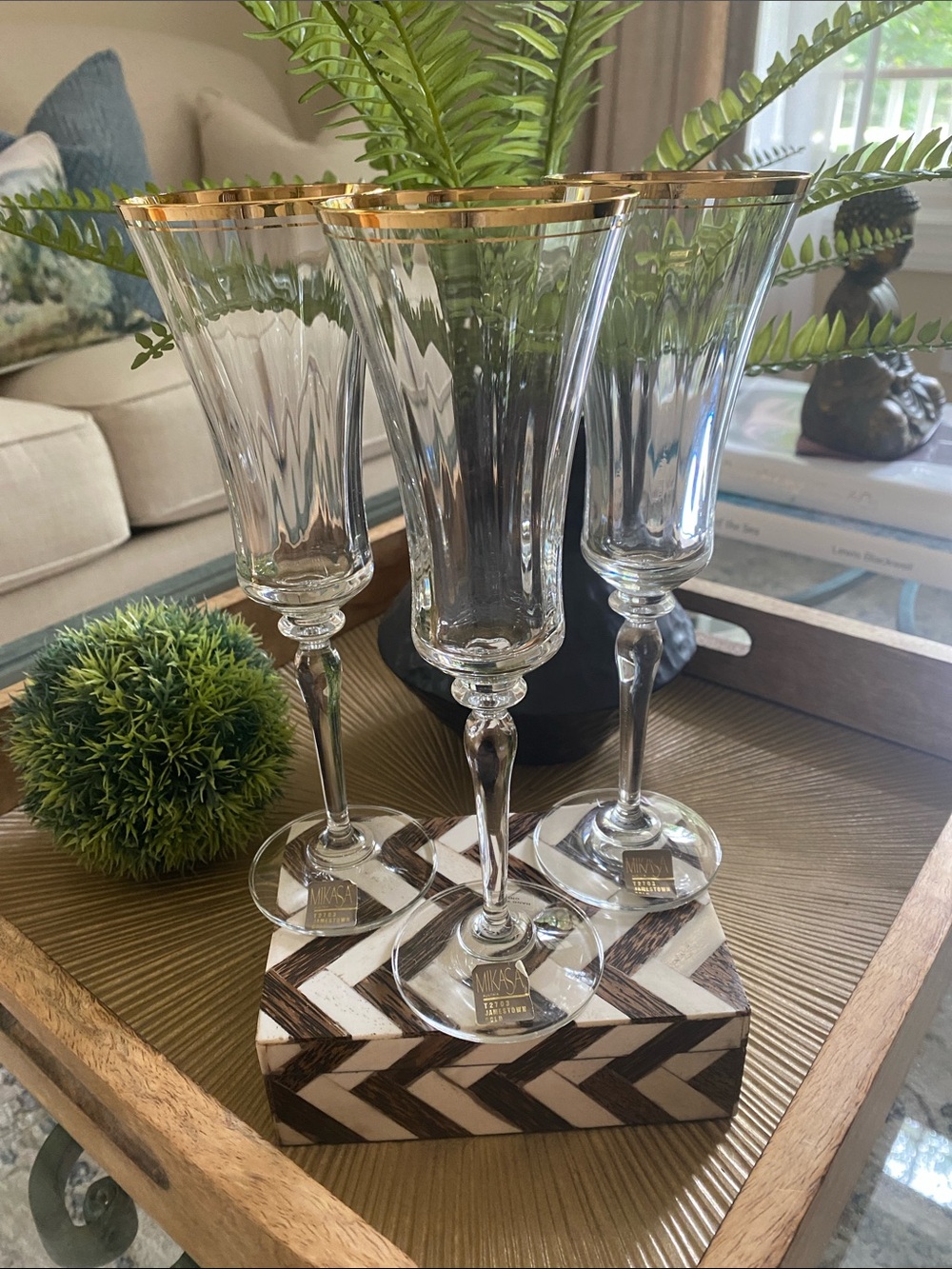 SET OF 3 MIKASA JAMESTOWN GOLD CHAMPAGNE FLUTES